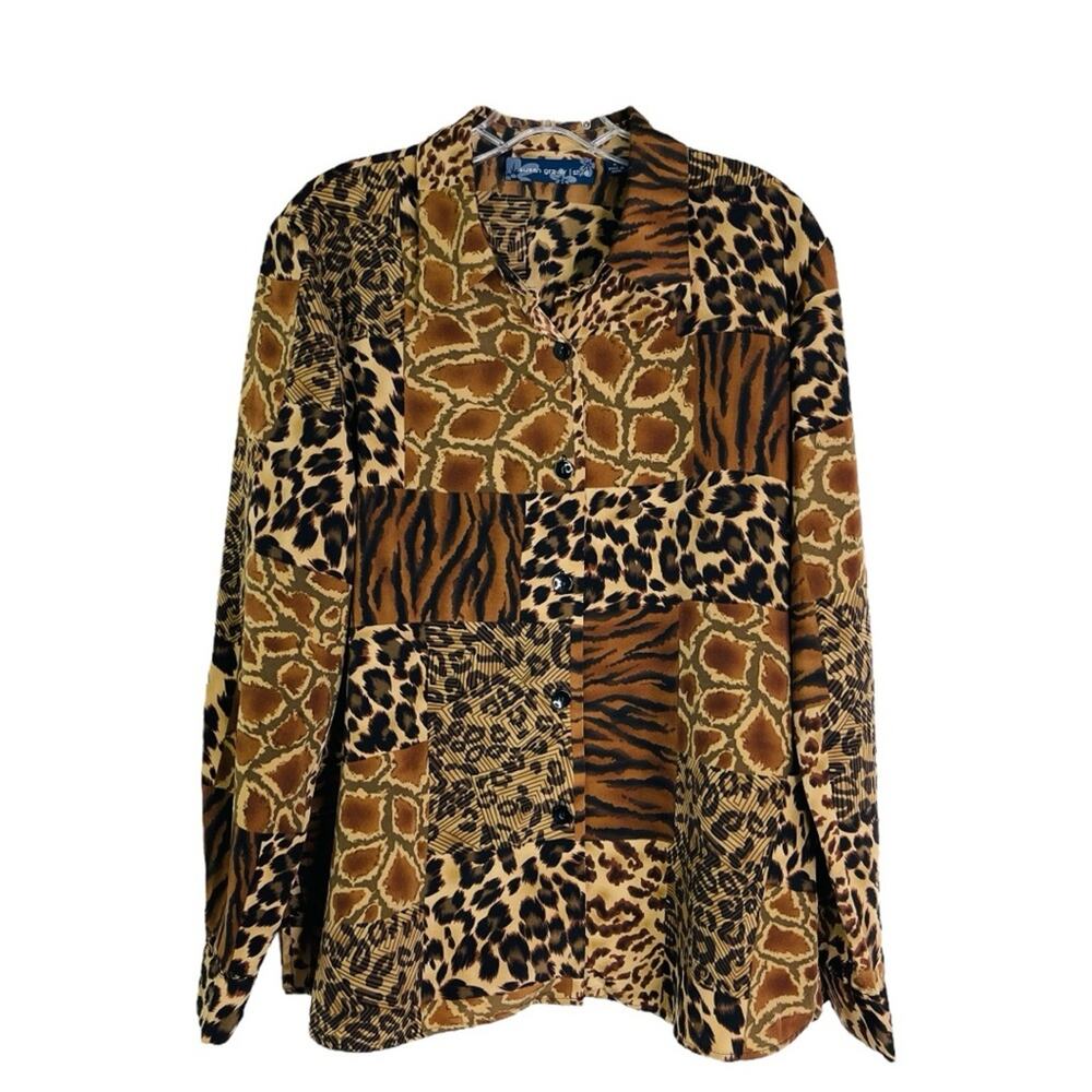Susan Graver brown tan animal print leopard button front shirt top medium